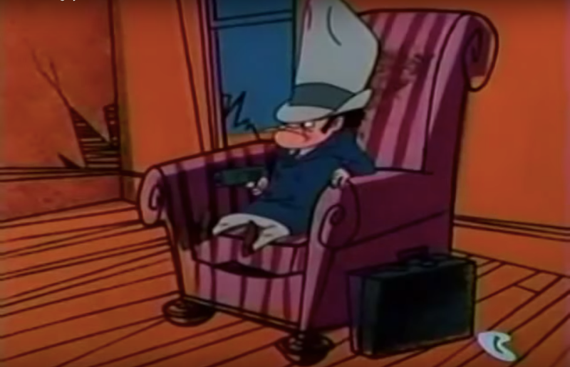 When Dave McKenna is standing just off-screen left, explaining why he gave Wile E. Coyote a zero. (Mugsy not pictured.)